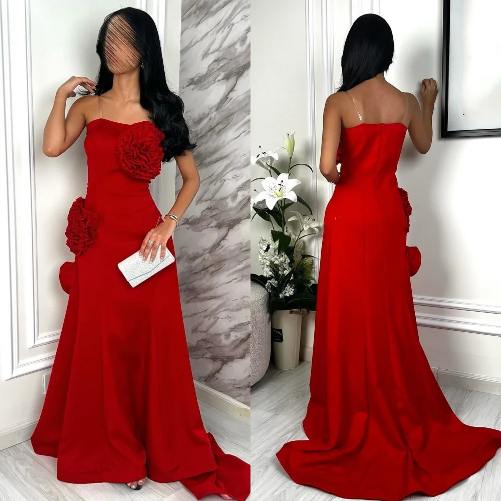 

Customized Modern Style Jersey Handmade Flower Pleat A-line Strapless Long Dresses Bespoke Occasion Dresses Exquisite Elegant