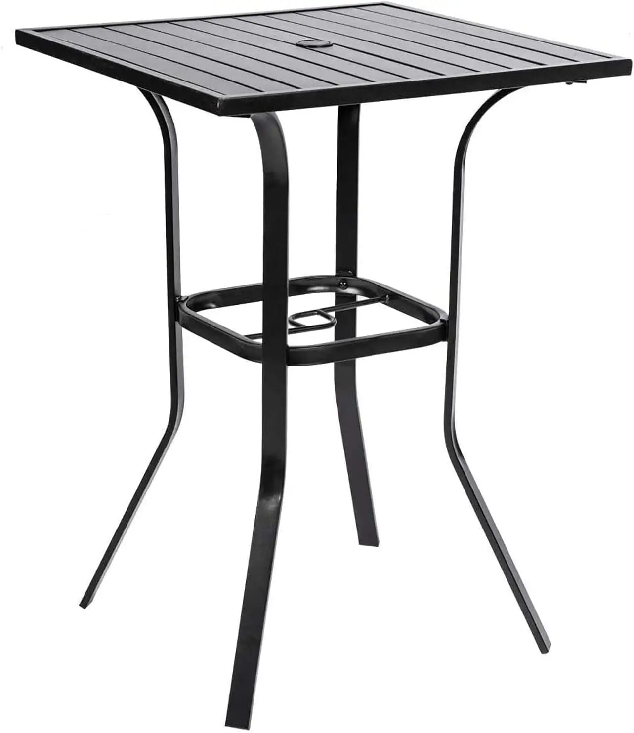 

Comfort Corner Patio Bar Table, Outdoor Square Bar Height Table Bar Bistro Table, Metal Frame & Slat Tabletop with Umbrella Hole