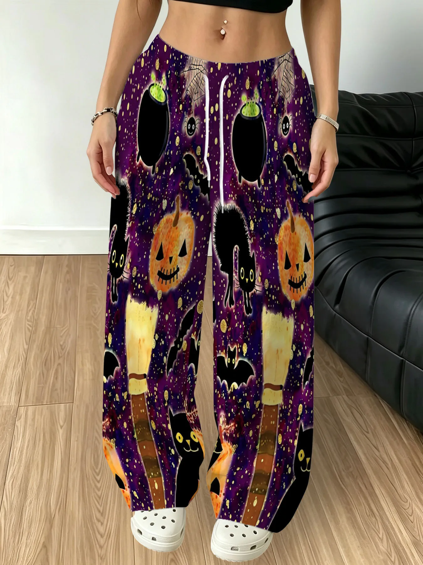 Dark Gothic Style Halloween Casual Loose Fitting Children's Adult Men's and Women's Skeleton Rose Print Breathable Pants