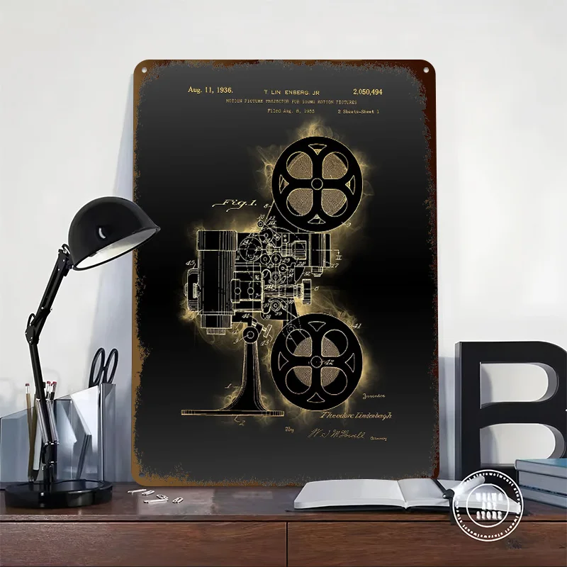 Motion Projector Patent Tinplate Posters Customizable Wall Art Retro Vintage Metal Signs for Home Room Office Decoration Gaming