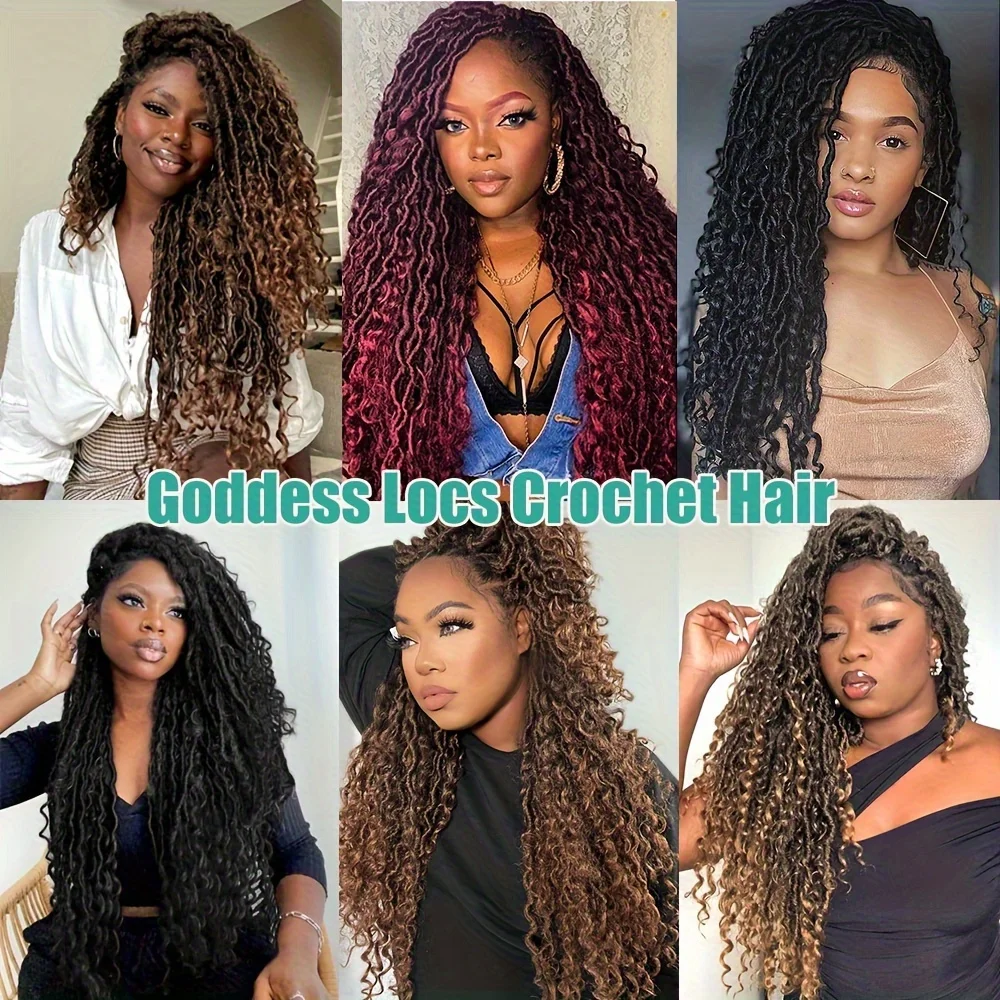 شعر كروشيه Goddess Locs للنساء، شعر بوهو فو لوكس مسبقًا مع أطراف مجعدة، شعر كروشيه طويل نهري للنساء، شعر صناعي