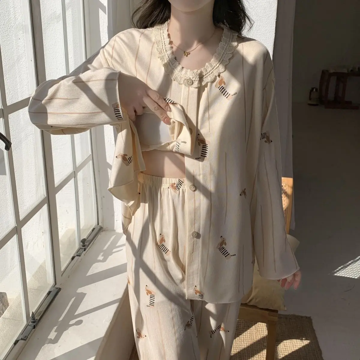 Pajamas Women Long Sleeve Casual Sweet Lace Cardigan Princess Style Ladies Homewear Set Puppy Soft