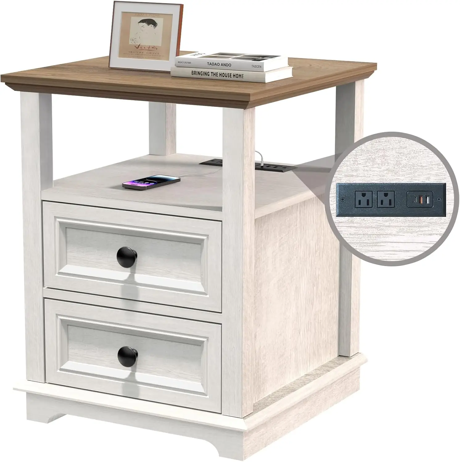 18' Tall End Table with USB-C Charging, 2 Drawers, Rustic Wood Storage Cabinet for Living Room, Bedroom, Office – White
