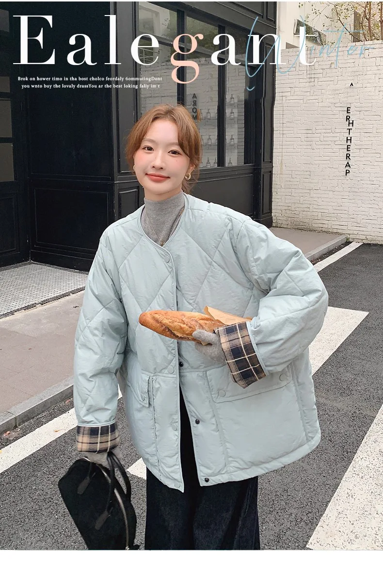 Retro Plaid Patchwork Lightweight Puffer Jacket Autumn Winter Loose Casual Quilted Jacket Female Round Neck Commute Padded Coats