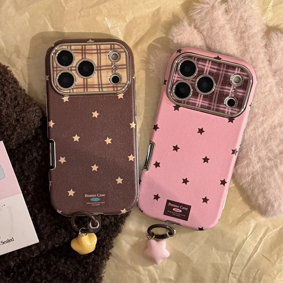Funda retro coreana con estrellas y textura de cuero cromado para iPhone 17 16 15 Plus 14 13 12 11 Pro Max, con colgante, a prueba de golpes 6