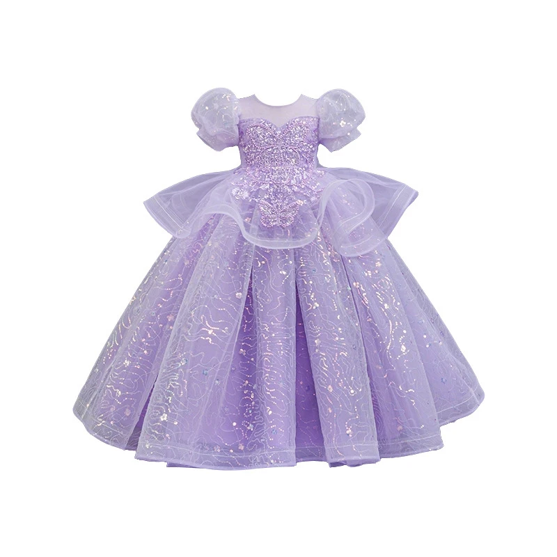 New High-End Luxury Flower Girl Wedding Show Performance Dress for Girls, Puff Sleeve Sequin Princess Dress 5