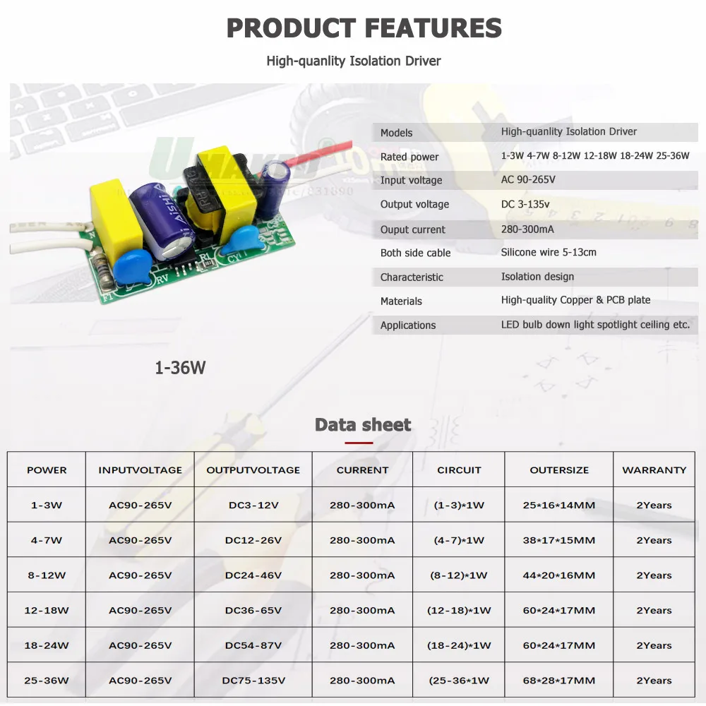 2PC LED Driver 300mA Board 1-3W 5W 4-7W 8-12W 12-18W 18-24W 25-36W LED Power Supply Unit Lighting Transformers For led Light DIY