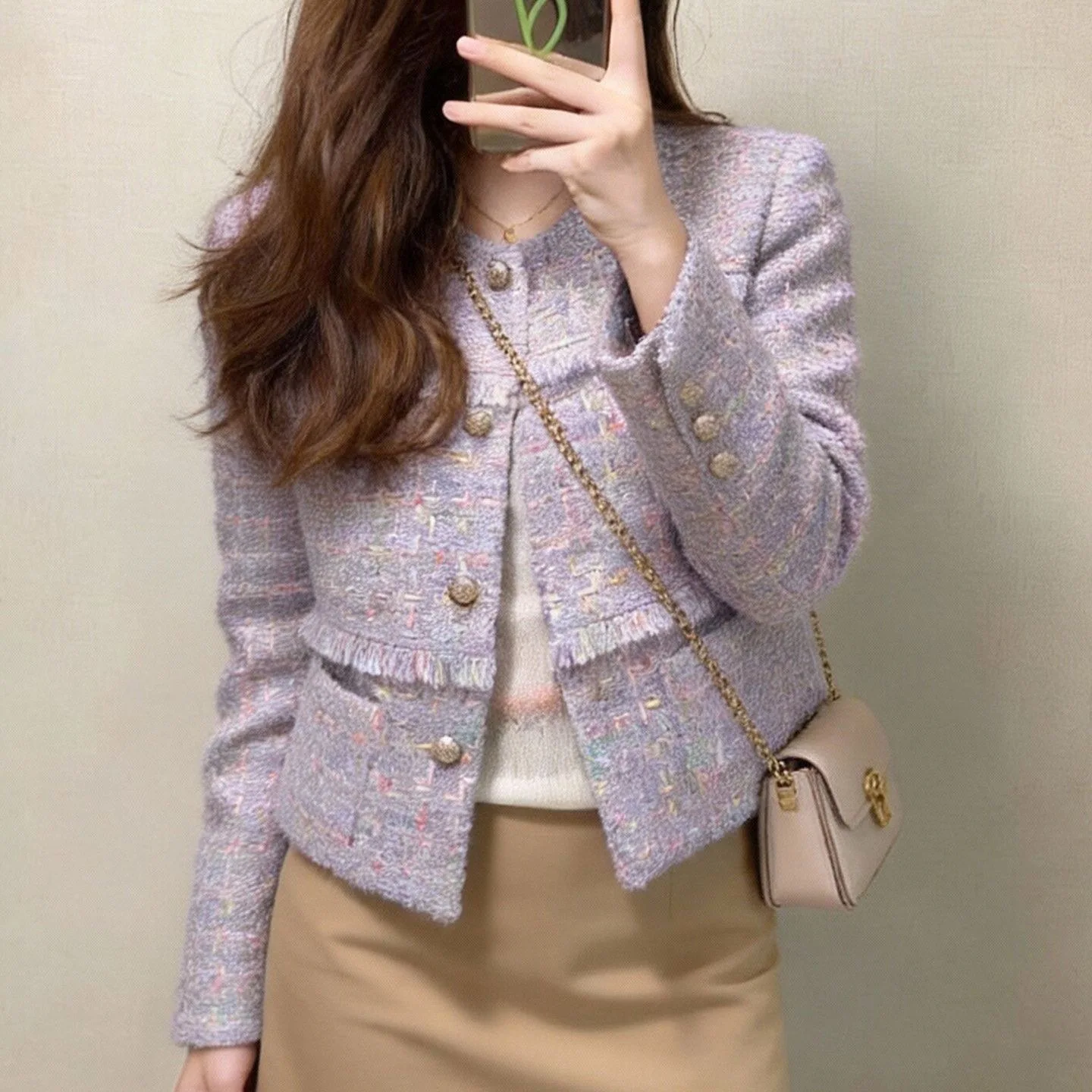 Delicate Purple Short Coat Spring New Style Luxury Coarse Tweed Shoulder-Length Slimming Outerwear for Women Straight Cut Cot...