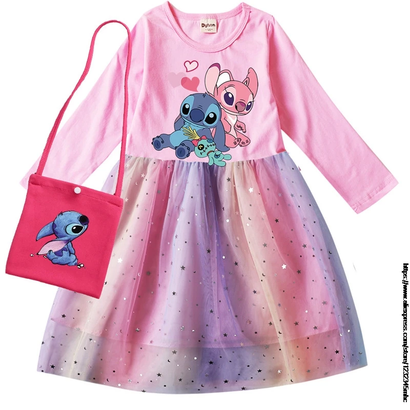 Disney Stitch Girls Long Sleeve Dress And Bag Kids Cosplay Dresses Princess Party Dresse Costume Baby Children Clothing