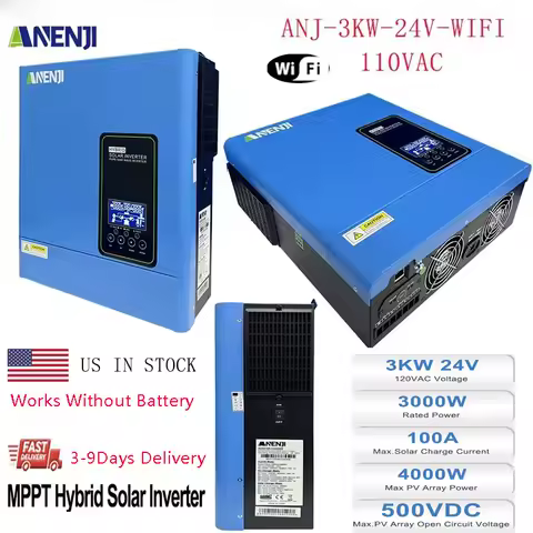 ANENJI Hybrid Solar Inverter 3KW 24V 110V/120VAC MPPT Pure Sine Off Grid Photovoltaic Inverter with100A Solar Charger PV 500VDC