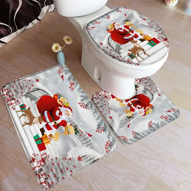 Cartoon Christmas Bath Mat Sets Funny Santa Claus Elk Xmas Balls Red New Year Carpet Bathroom Decor Door Rugs Toilet Lid Cover