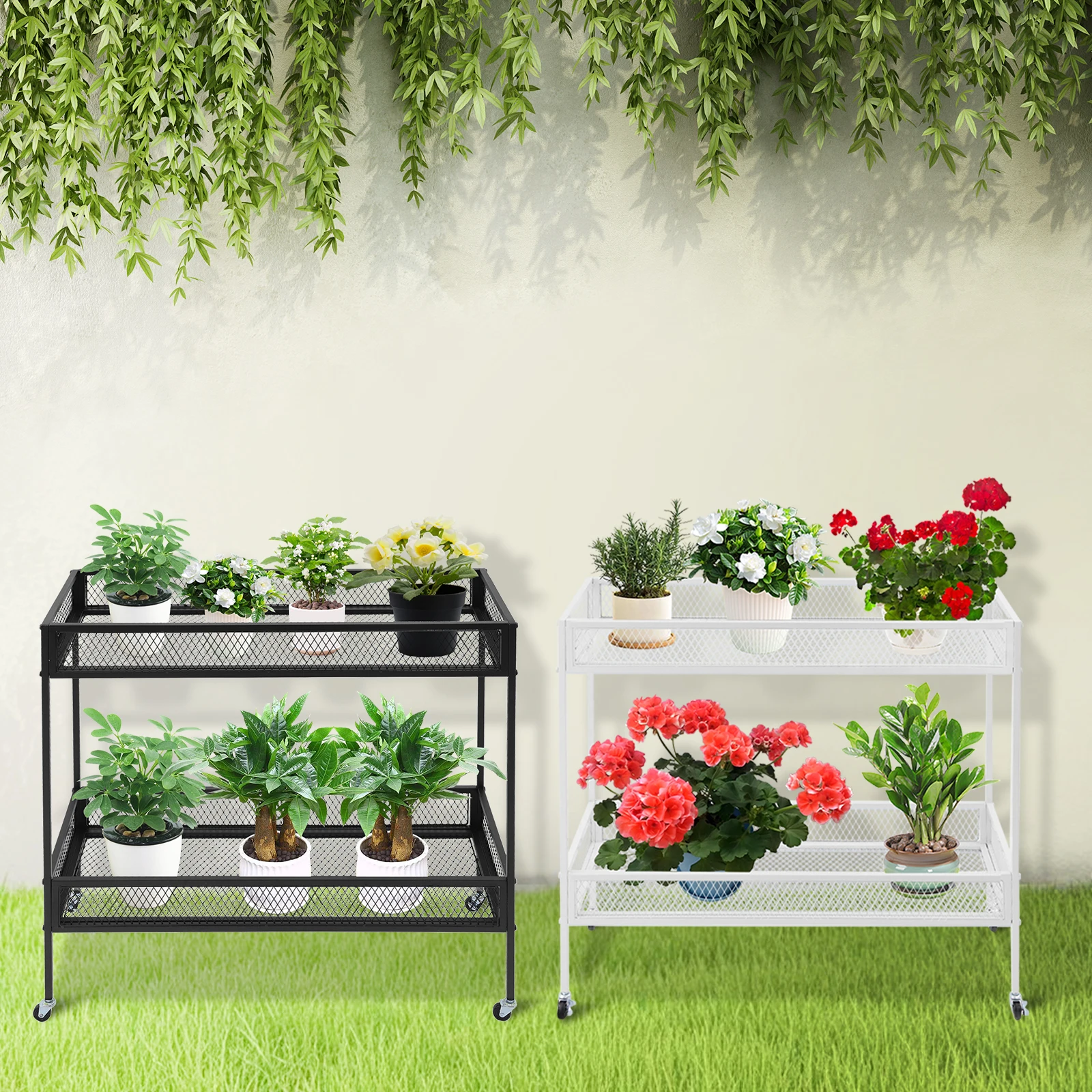

2-Tier Mobile Garden Cart Storage Cart Metal Plant Stand Outdoor Storage Shelf with 4 Universal Wheels