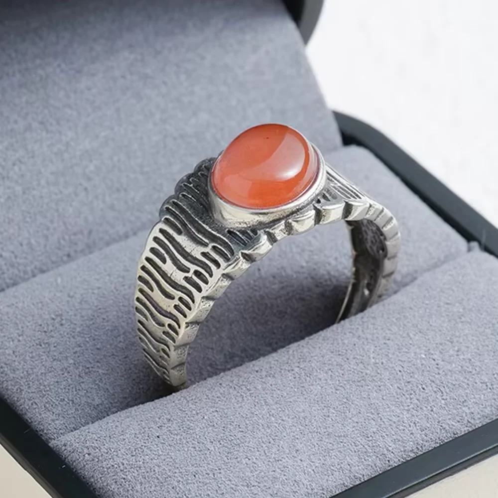 

925 sterling silver irregular ring set with 10 * 8mm natural ice red agate - vintage style jewelry for men women, birthday gift