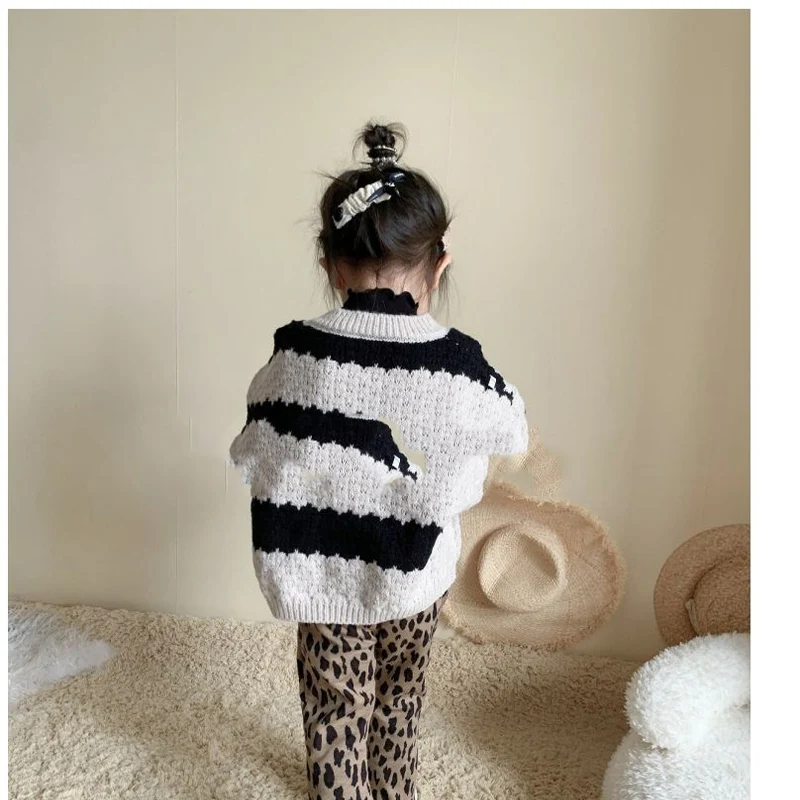 Autunno inverno moda Kawaii ragazze maglione e pantaloni leopardati due pezzi vestito manica lunga Cardigan bambini capispalla set per bambini