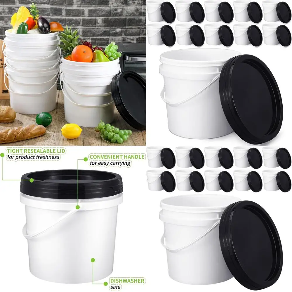 

10-Pack White and Black Plastic Buckets with Handle and Lid for Food Storage, Multipurpose Use, and Organization