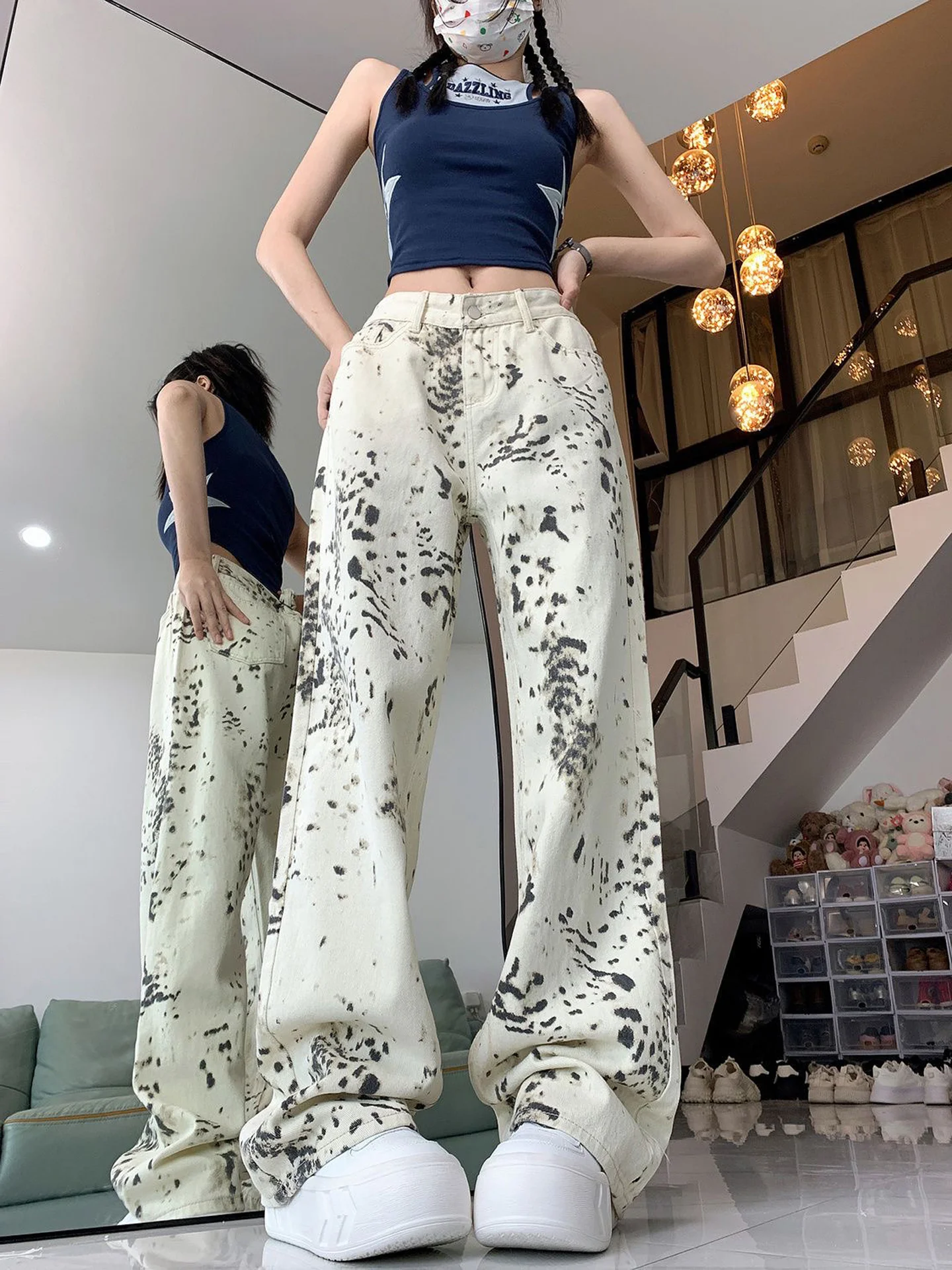 American Style High Waist Loose Wide Leg Denim Pants Women's Loose Fit Leopard Print White Autumn New Street Style Jeans