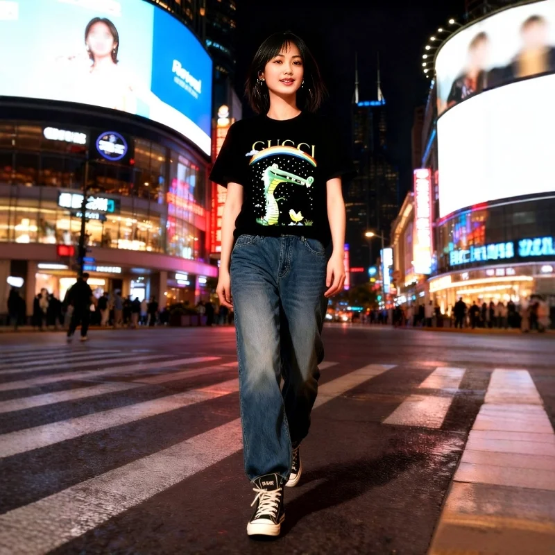 

Chun yu yin jia Fashion High Street Designer classic Pattern Printing Short-Sleeved Black T-Shirt for women tee