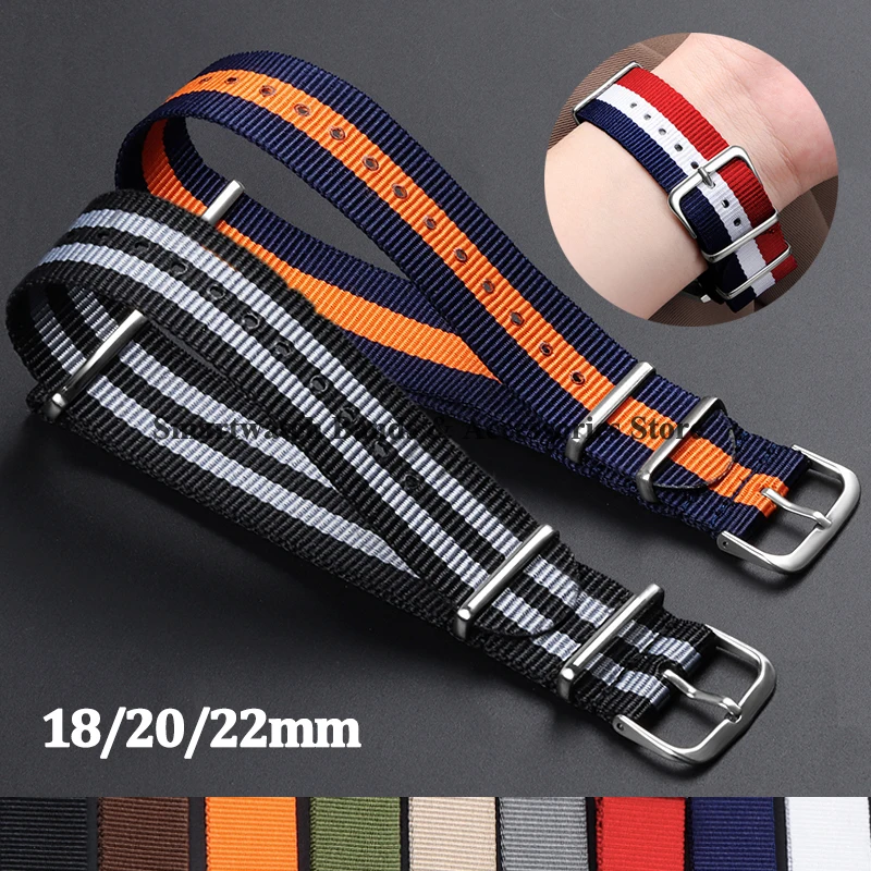 Military Strap Nylon Watch Band 18mm 20mm 22mm Canvas Striped Watch Band Universal Men Women Bracelet Pin Buckle Weave Bands