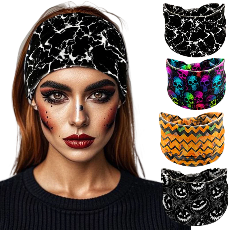 Halloween Headbands For Women Wide Turban Dress Up Costume Headwraps Pumpkin Spider Web Bad Skeleton Hair Band