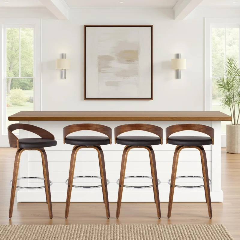 Set of 2 Swivel Counter Height Bar Stool, 26 Brown Faux Leather & Walnut Wood Frame