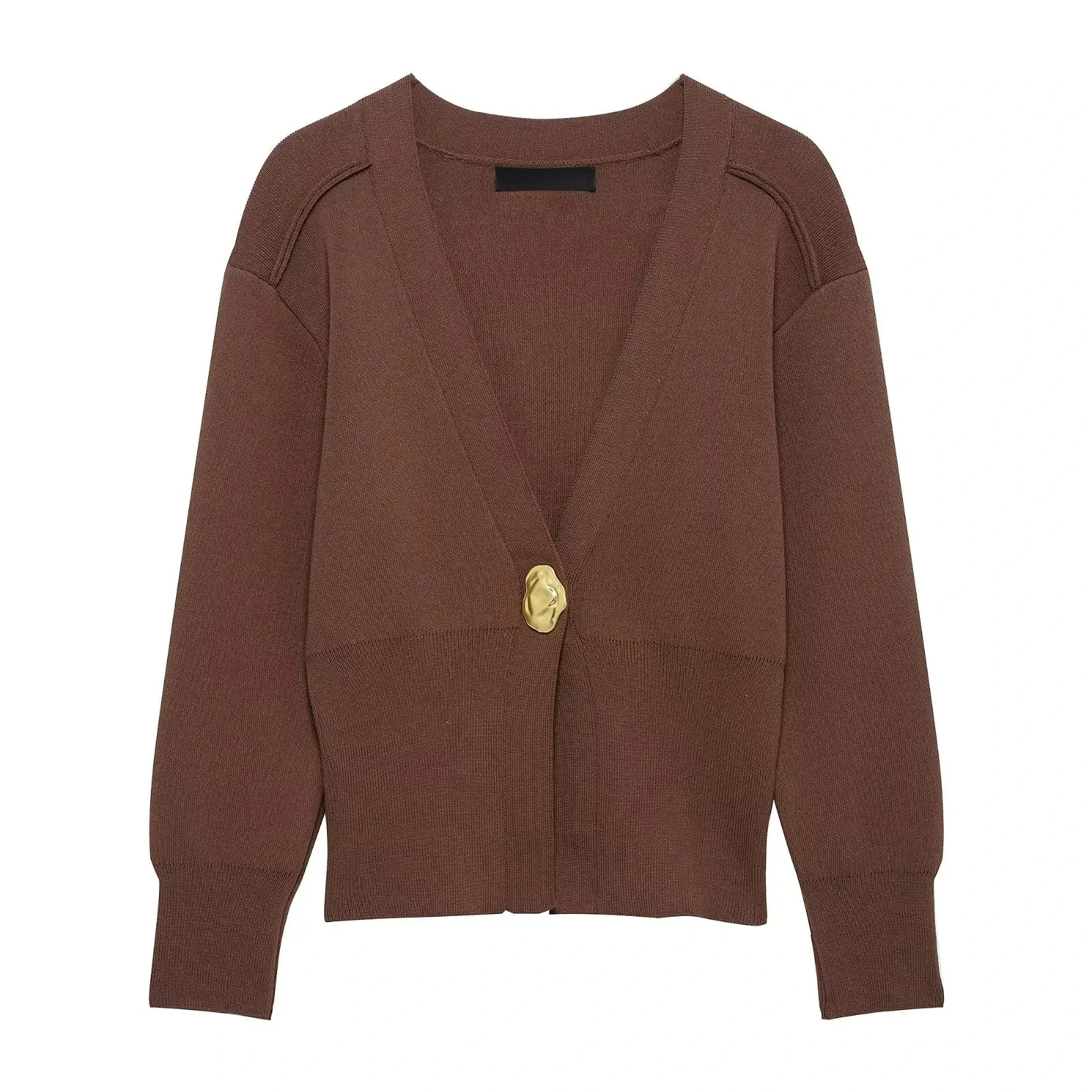 

Women Casual Knitted Cardigan V Neck Long Sleeve Golden Sweaters Solid Simple Office Lady Outerwear Chic Tops