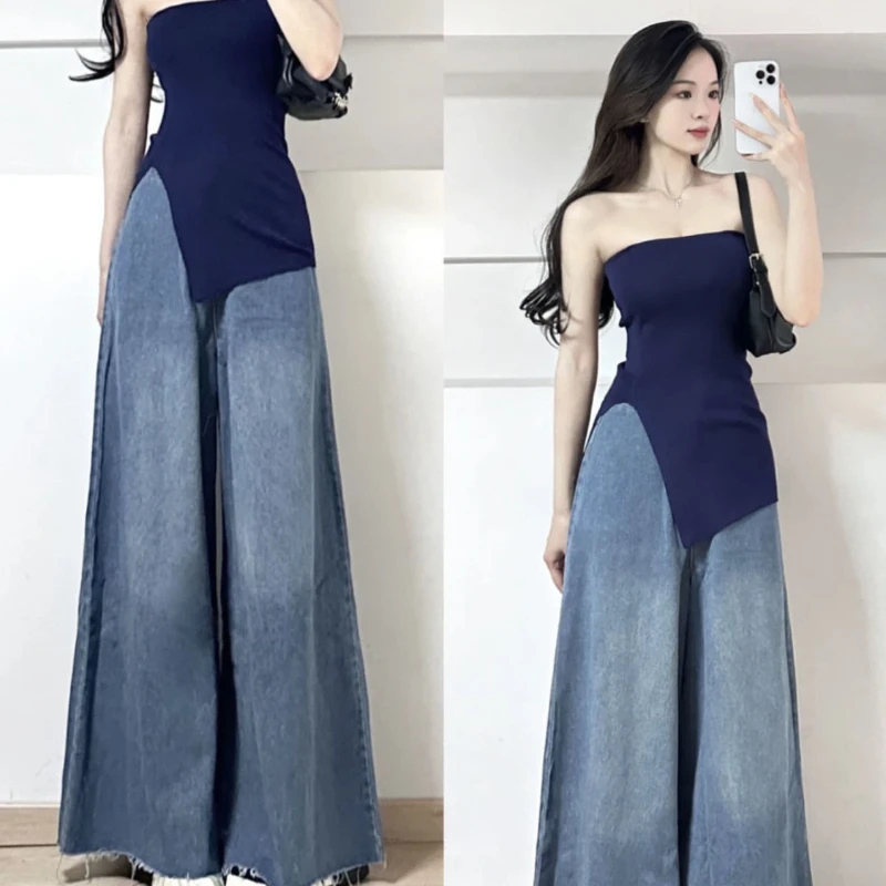 Summer Gentle Wear Women 2024 New Korean Version Breast Wrap Top High-waist Wide-leg Jeans Trousers Two-piece Set Loose Pants