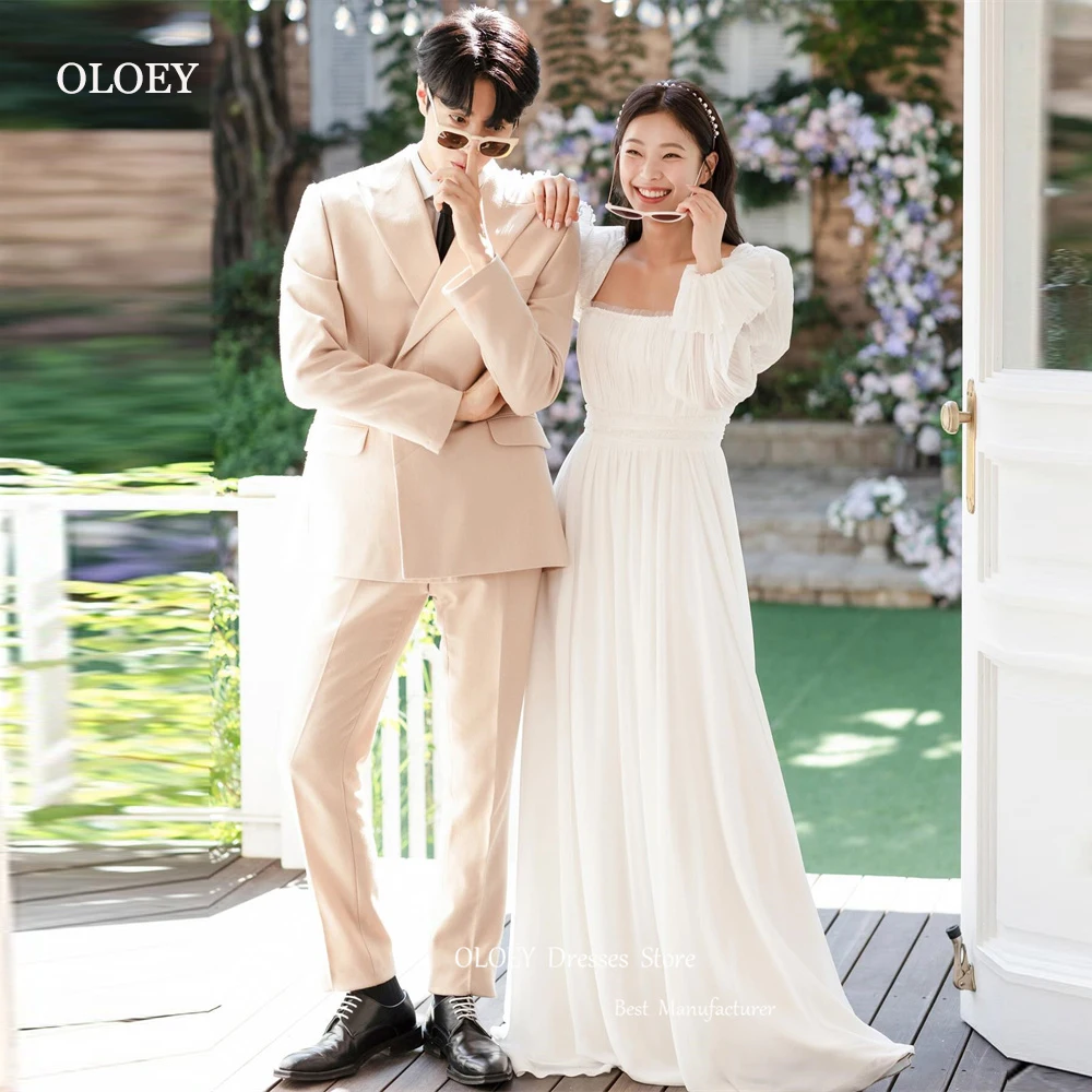 

OLOEY Simple Silk Chiffon A Line Korea Wedding Dresses Photoshoot Puff Long Sleeves Square Neck Bridal Gowns Plus Size
