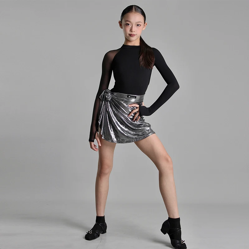 2025 roupa de dança latina meninas roupas de desempenho aberto volta manga longa collant saia prata rumba cha cha treinamento wear 2280