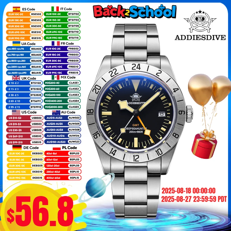 

ADDIESDIVE 39mm Watch for Men Bubble Mirror Glass Black Dial Luminous 20Bar Waterproof Resistant Reloj Hombre GMT Quartz Watches