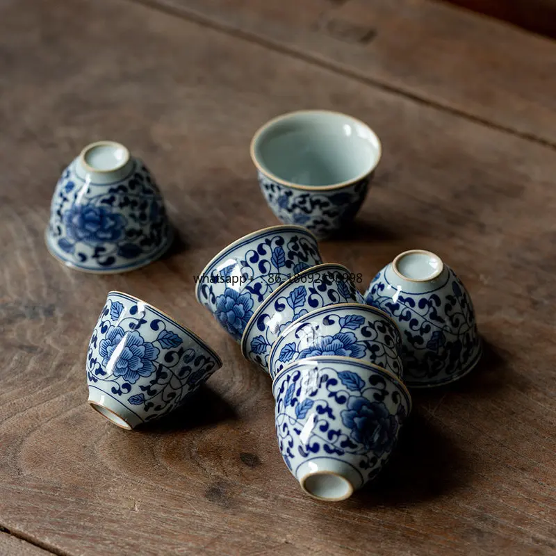 Blue and White Porcelain Kung Fu Small Teacup Retro Household Ceramic Tea Cup Single High-end Special Master Cup 6 Cups Tea Cup