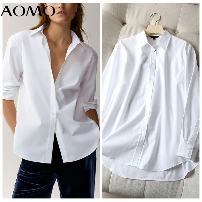 

AOMO 2021 Women High Quality White Cotton Blouse Long Sleeve Chic Female Office Lady Shirt Blusas Femininas 6D67A