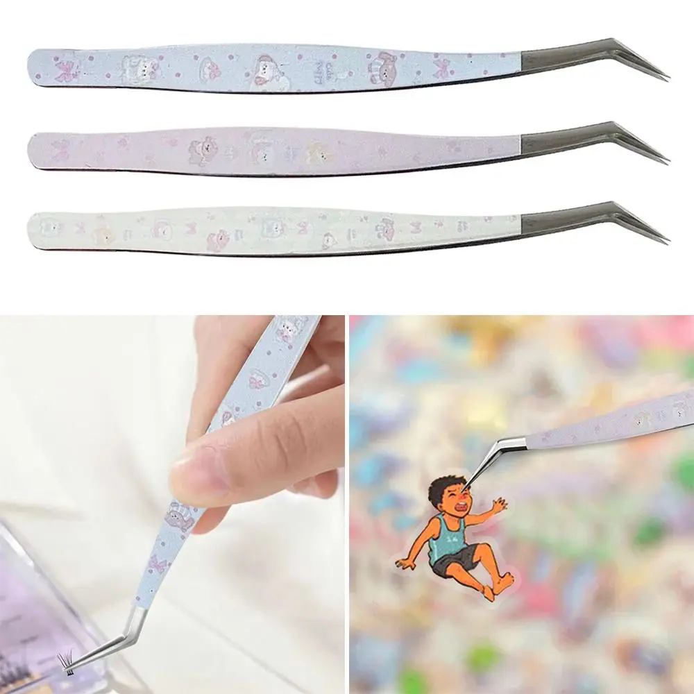 Metal Curved Stickers Tweezers High Precision Anti-static False Eyelash Tweezers Cartoon Bean Tweezers Beauty Makeup Tools