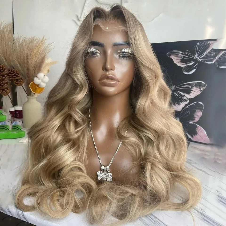 

Ombre Blonde Wig 13x4 HD Long Body Wave Lace Fornt Wig Glueless Synthetic And Blend Lace Dark Roots PrePlucked Cosplay For Women