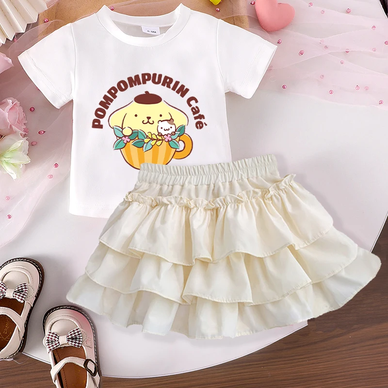 سانريو مرحبا كيتي جديد الفتيات تي شيرت كعكة تنورة مجموعة أزياء الكرتون طفل قصير الأكمام الاطفال عيد ميلاد الهيب هوب ملابس خارجية هدية