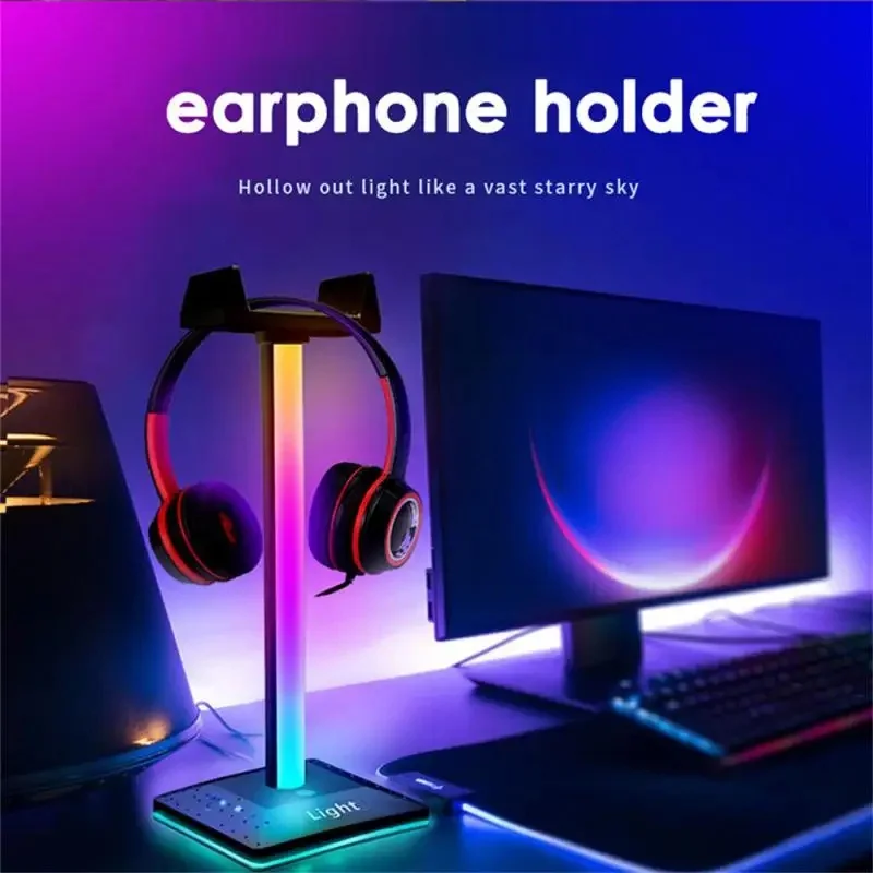 Headset Stand Black Portable Atmosphere Lamp Rgb Multifunctional Office Accessories Desk Universal Earphone Rack Hanger Plastic