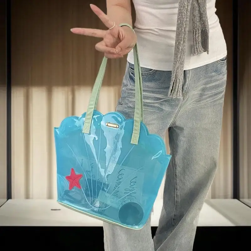

Girly Blue Transparent Shoulder Bag; Korean Style Ins Fashion Portable Waterproof PVC Tote.