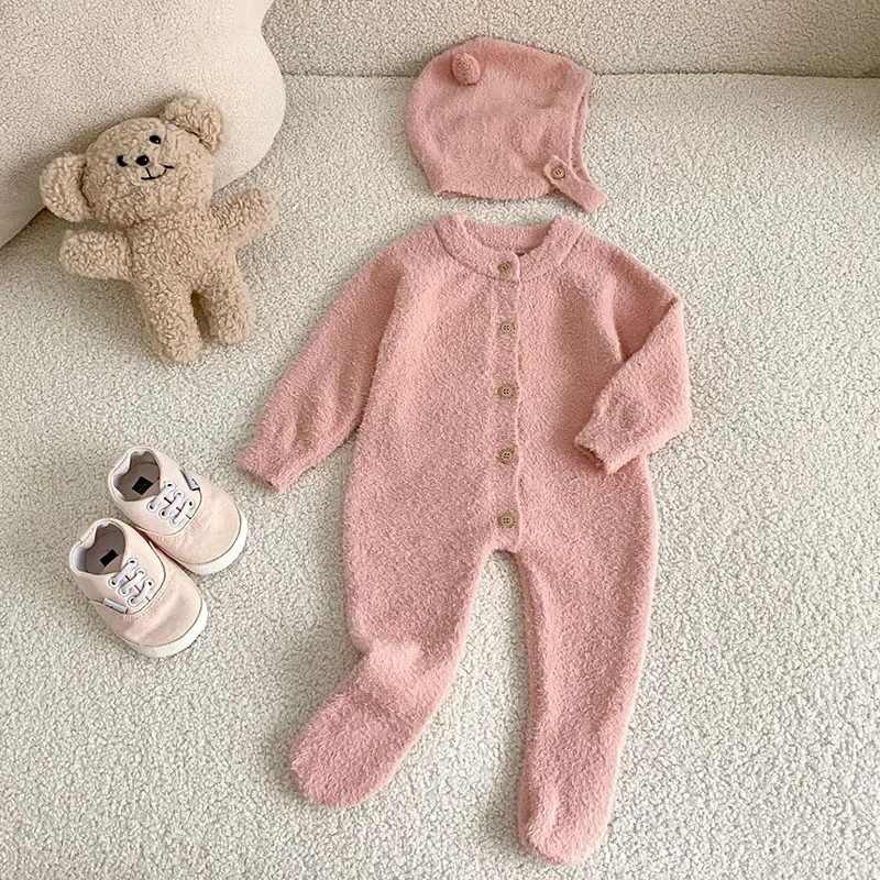 

Новинка 2023 года, осенняя вязаная одежда для малышей от 0 до 24 месяцев, комбинезон для маленьких девочек + шапка с длинными рукавами, однотонный комбинезон для маленьких девочек