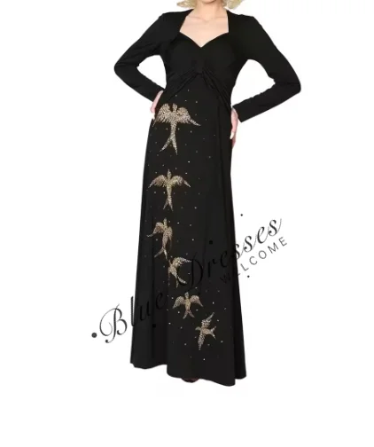 

Customized Evening Elegant Vintage Sexy Black Beading Long Sleeves Floor Length Formal Occasion Prom Dress Evening Party Gowns V