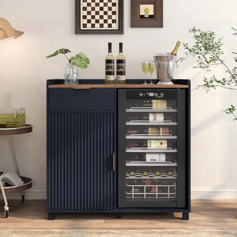 Bar cabinet with fridge space and fluted door in walnut finish for modern home bars, featuring premium wood veneer, sleek black - view 3