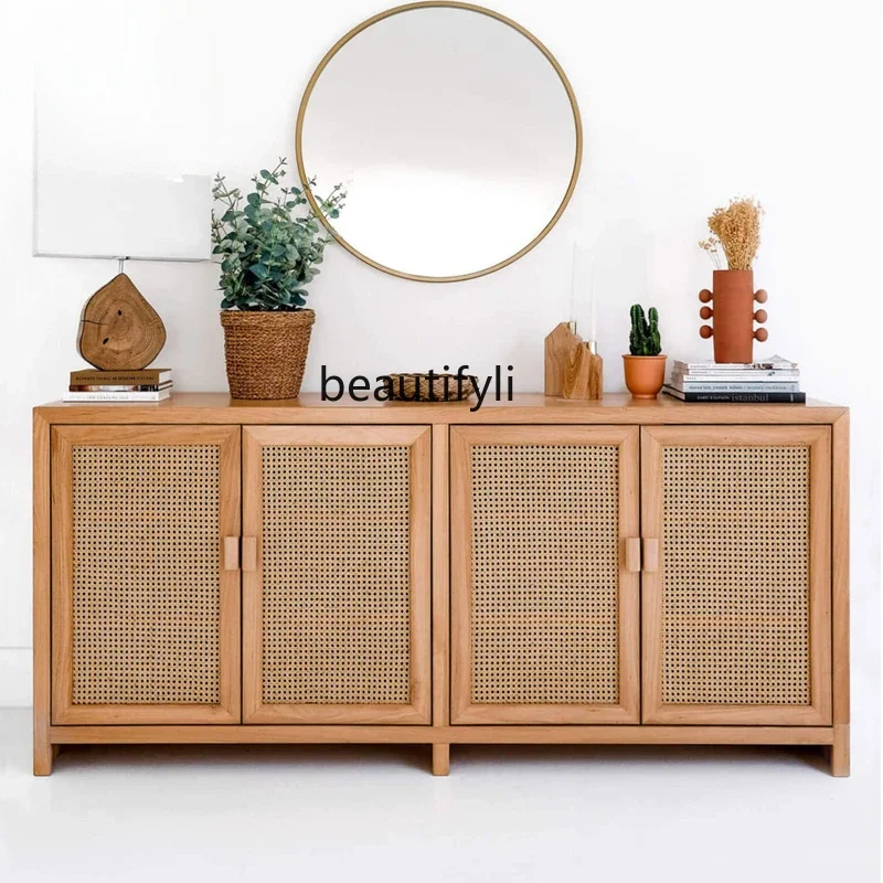 Nordic Solid Wood Rattan Sideboard Cabinet  Simple Wood Color Shoe Cabinet Living Room Storage Cabinet Customization