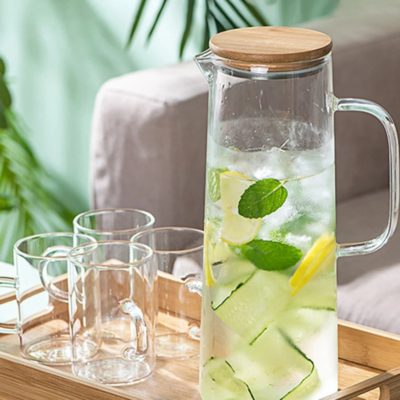 A47U 1.7L Glass Water Pitcher with Handle Bamboo Lid Heat Resistant Cold Hot Kettle Capacity Tea Pitcher Water Juice Jug