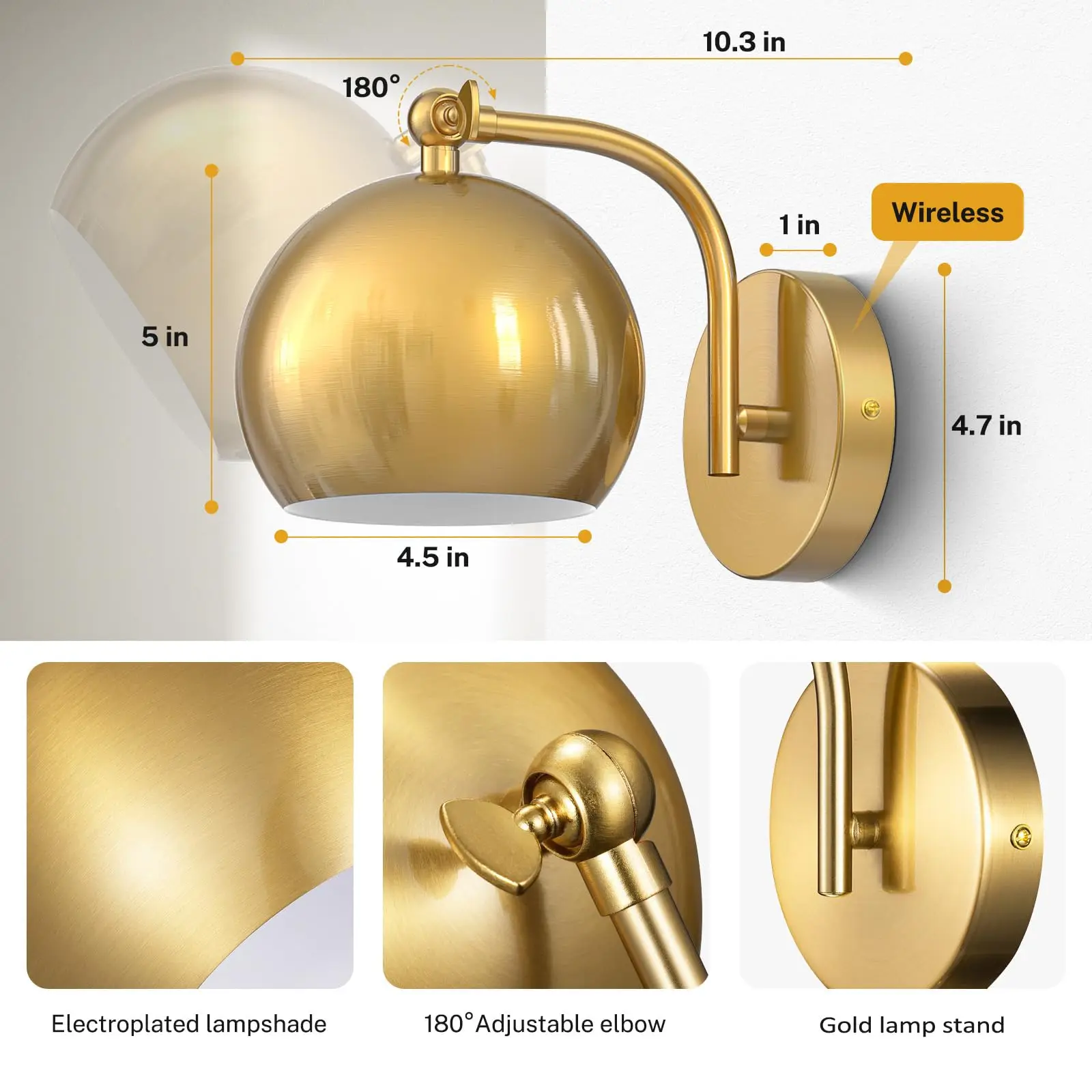 Imagem -02 - Lâmpada de Parede sem Fio para Quarto Gold Wall Sconces Operado por Bateria Não Hardwired Regulável Bateria Wall Sconce Lâmpada Incluída