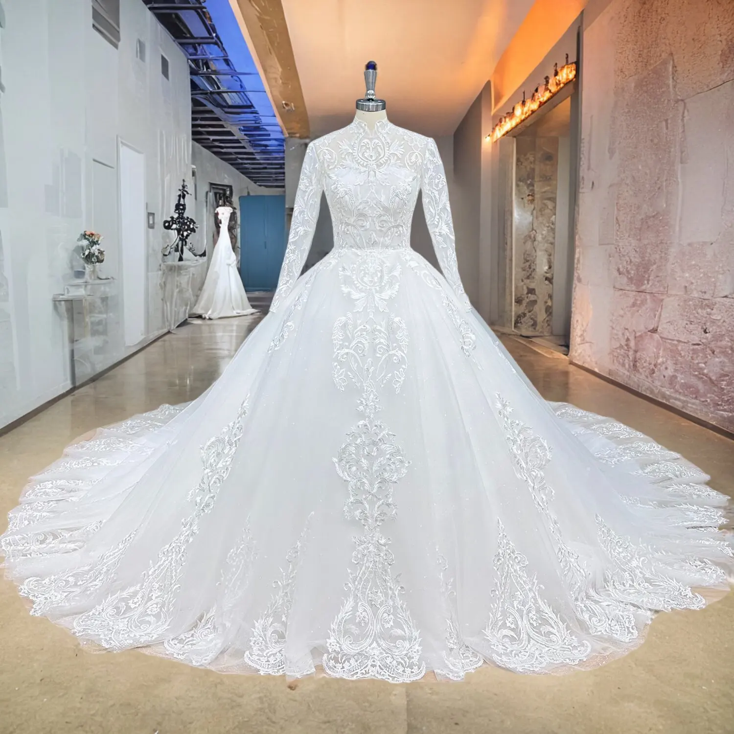 

Vestidos De Novia High Neck Long Sleeve Wedding Dresses Zipper Back with Buttons Gorgeous Robe Mariage Fashion Bridal Gowns