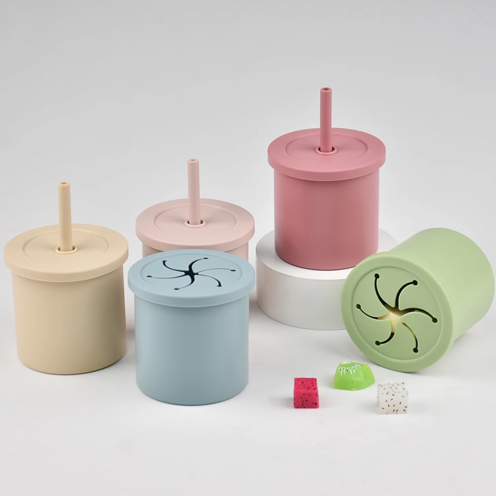 

Учебная чашка 280 мл Силиконовая складная чашка 3-в-1: контейнер для прямых напитков, закусок и соломенная чашка-непроливайка