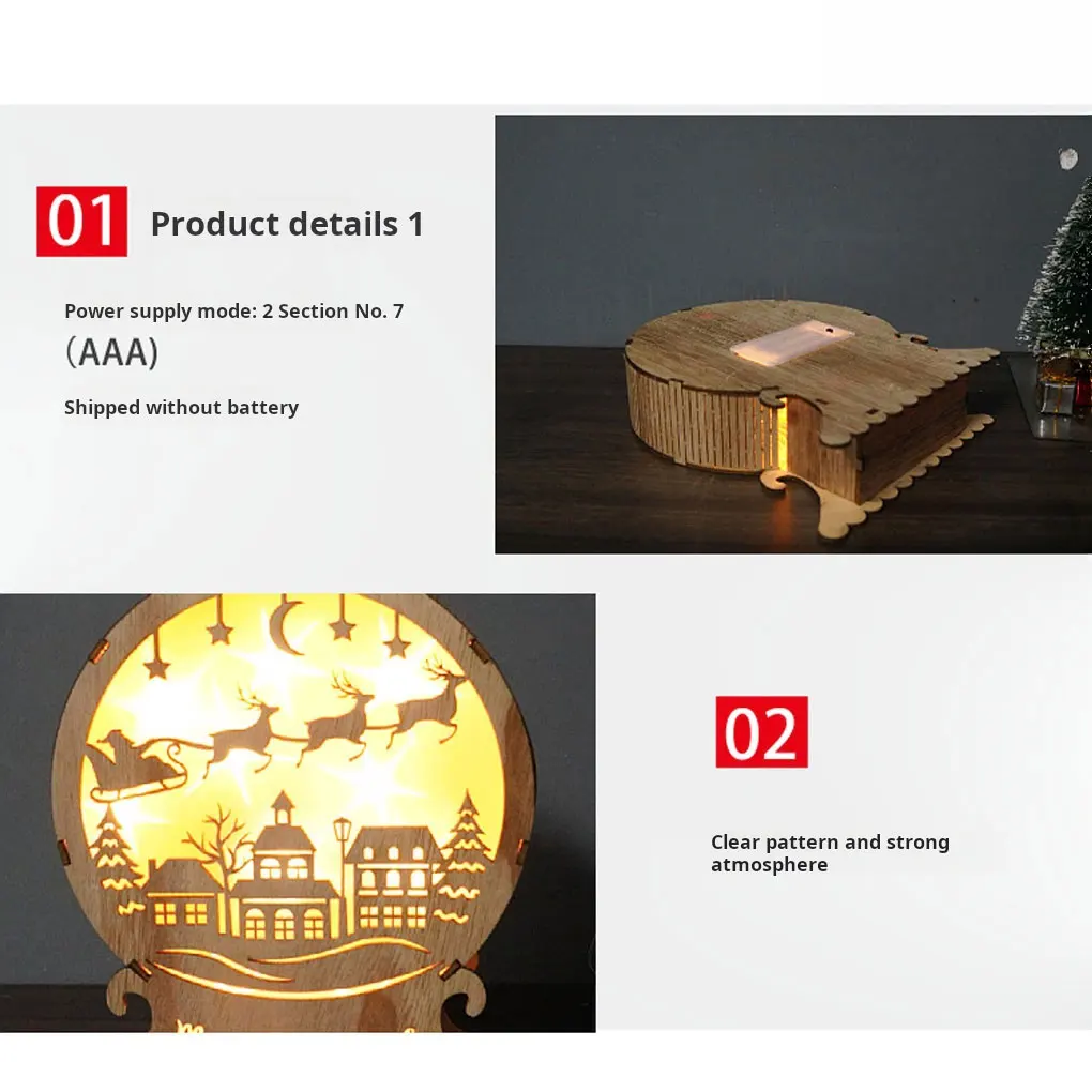 Ornements de Noël en bois évidés, lumière LED Elk, décorations éclairées, artisanat d'art de bureau, cadeaux de vacances