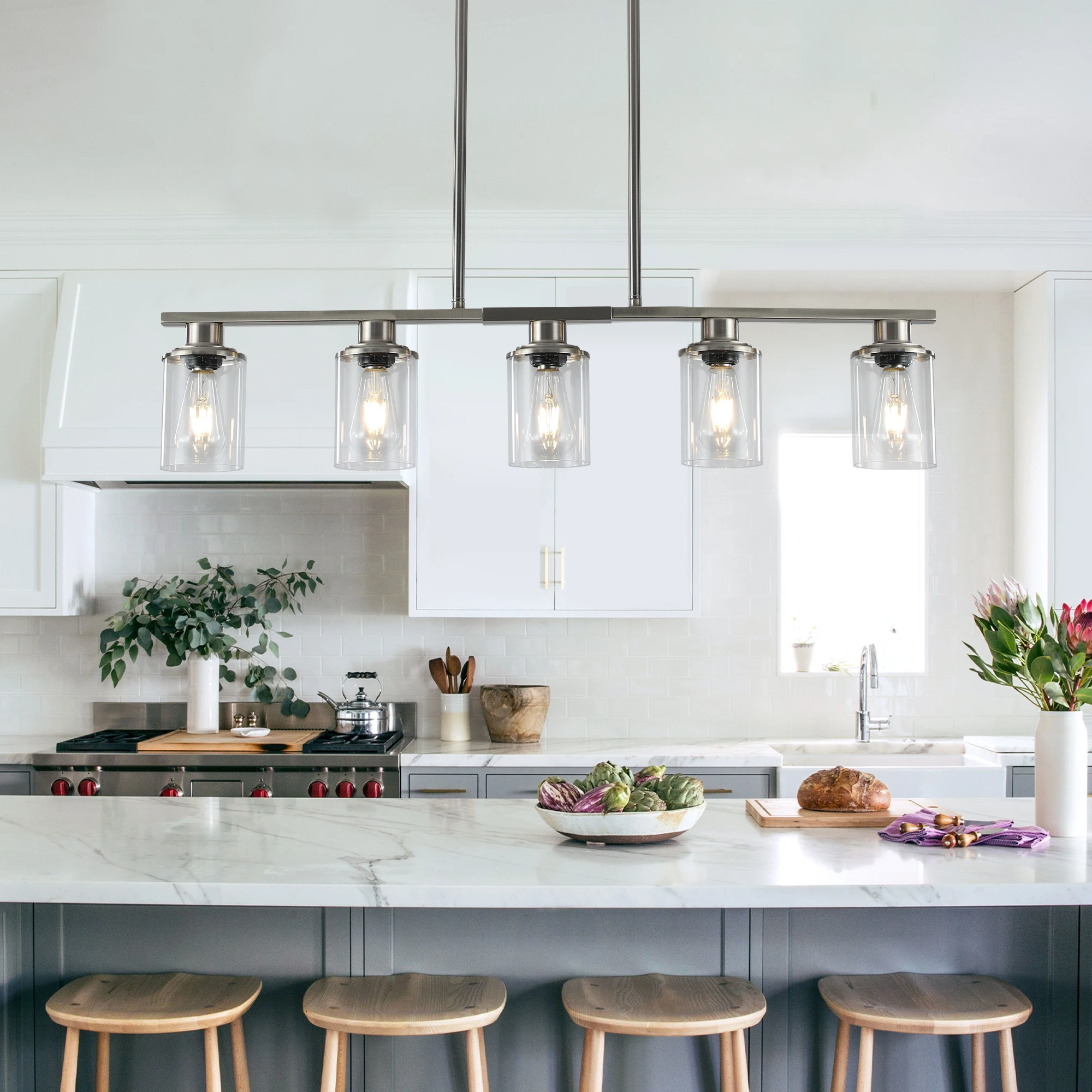 Brushed Nickel 5-Light Chandelier - Contemporary Kitchen Island Pendant Light with Clear Glass Shades (No Bulbs)