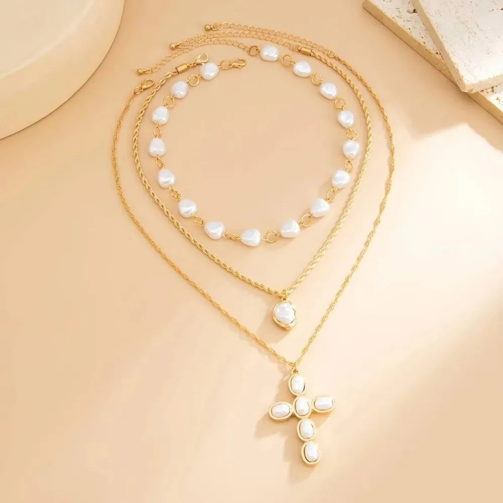 

3Pcs/Set New Elegant Imitation Pearl Boho Style Exquisite Layered Clavicle Chain Women Jewelry