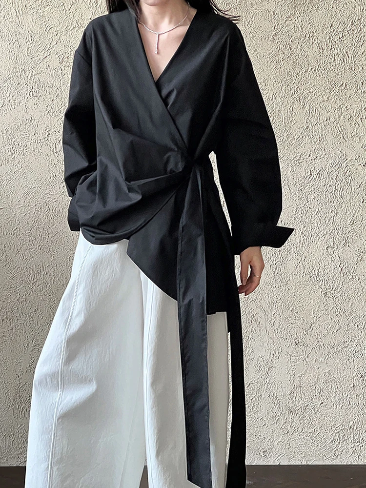 

Side Tie Asymmetrical Wrap Shirt Women Autumn Fashion Long Sleeve V Neck Loose Shirts Blouses Office Lady Casual Tops Streetwear