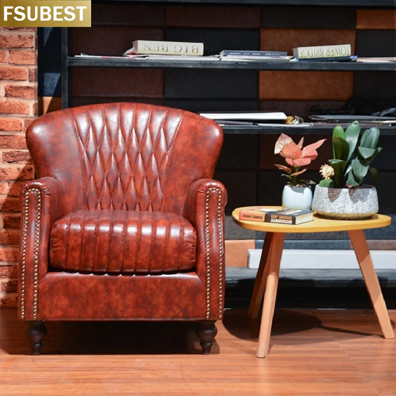 FSUBEST Cafe Tiger Chair Single Sofa Chair American European Shop Bar Cafe Retro Nordic Leather Sofa Wingback Sofa