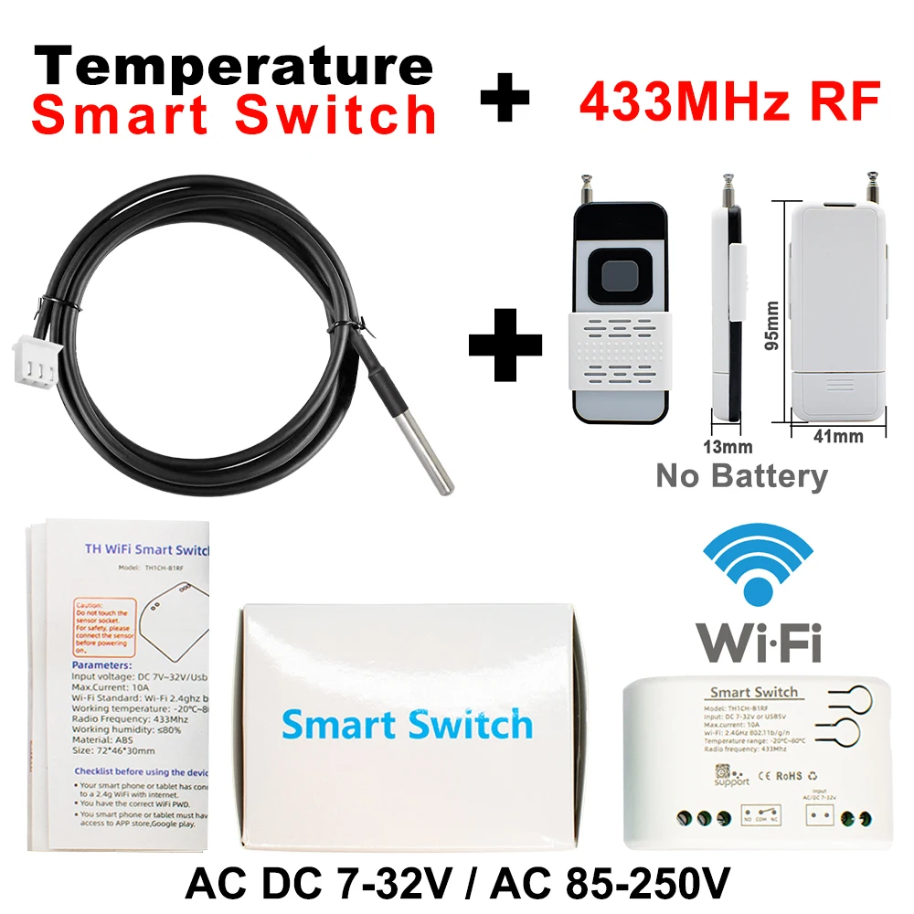 EWELINK Temperature Sensor Using Wifi and 433mhz RF Remote Control AC 12V 24V 220V Compatible With Alexa Google Home